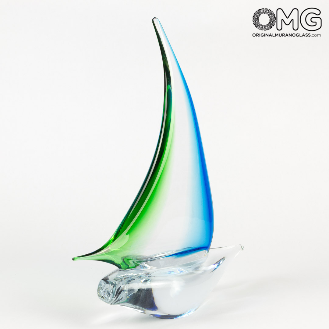 2867 ORIGINALMURANOGLASS Скульптура Зелёно-голубой Парусник - Original Murano Glass OMG 24 см  - Вид №1