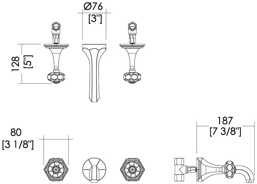 Devon&Devon Смеситель для ванны настенный на 3 отверстия Gemstone Exc-gm133m - Вид №1