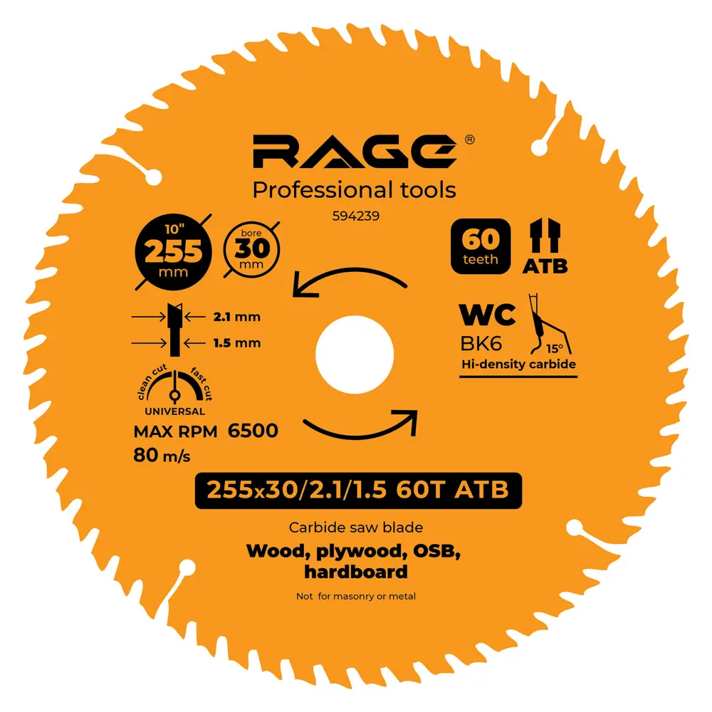 RAGE Универсальный пильный диск для дерева 255 мм с переходными кольцами 88928413 STLM-0849692