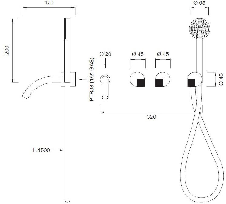Ceadesign Смеситель для ванны настенный с ручным душем Duet Det 35y - Вид №1