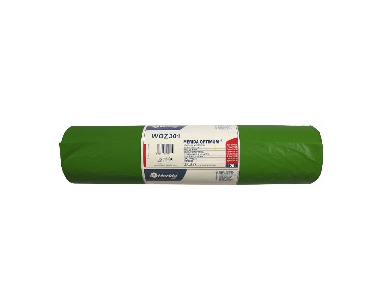 WOZ301 Одноразовые мешки для мусора OPTIMUM, 70 x 110 см, вместимость 120 л, рулон 50 шт, ЗЕЛЕНЫЙ, HDPE/LDPE Merida 