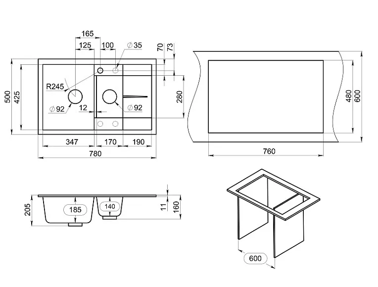 7802, АРКТИК (БЕЛЫЙ), кухонная мойка, кварц GRANULA 7802-ST248 - Вид №3