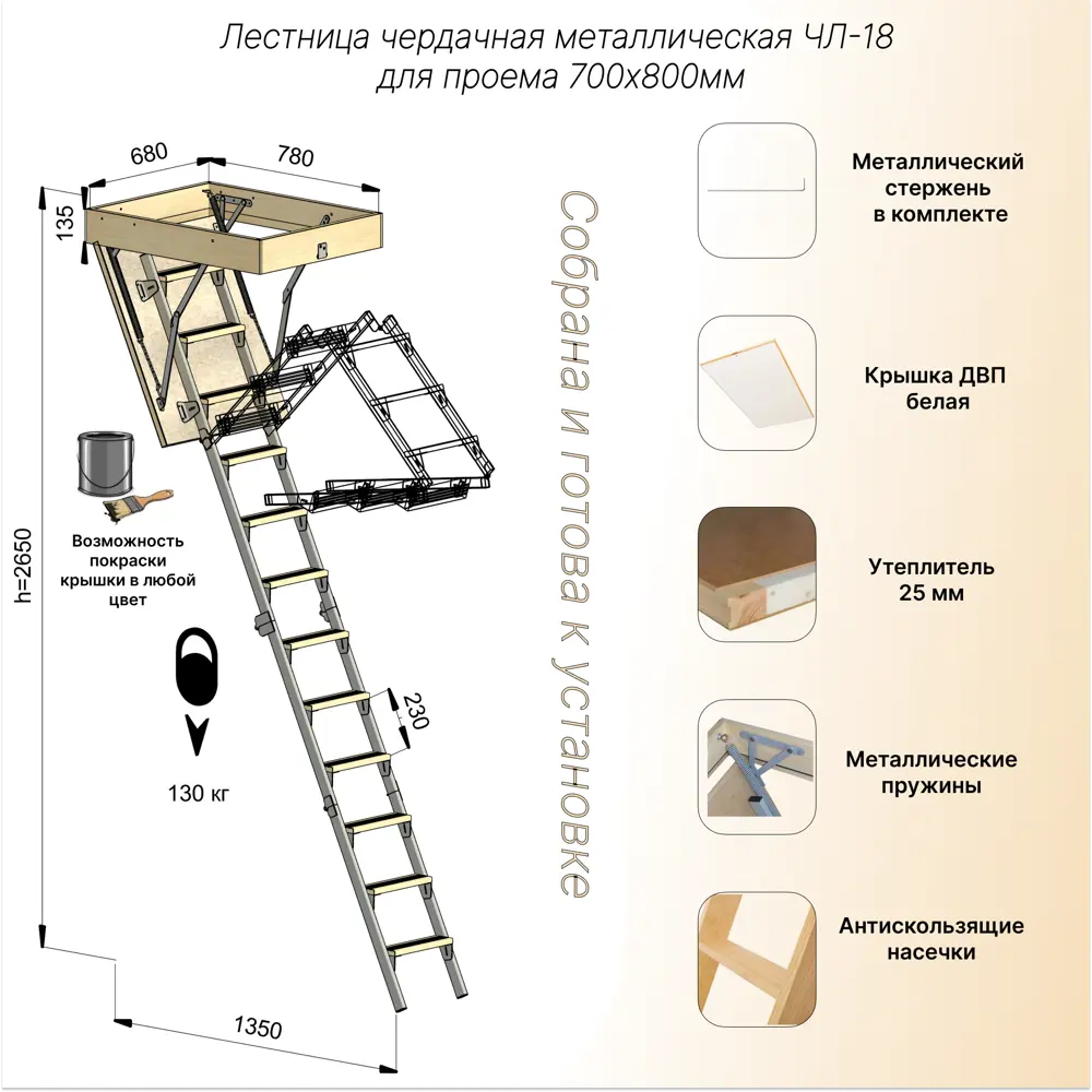 Лестница чердачная складная с секциями ЧЛ-18 70x80x265 ЛЕСЕНКА STLM-2139538 - Вид №6