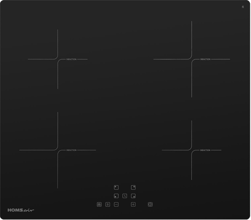 HI64BK Электрическая панель / индукционная, шхдхв: 590х520х62 мм, сенсорное управление, 4 конфорки, стеклокерамика, замок от детей, таймер, черная HOMSAir Santreyd 