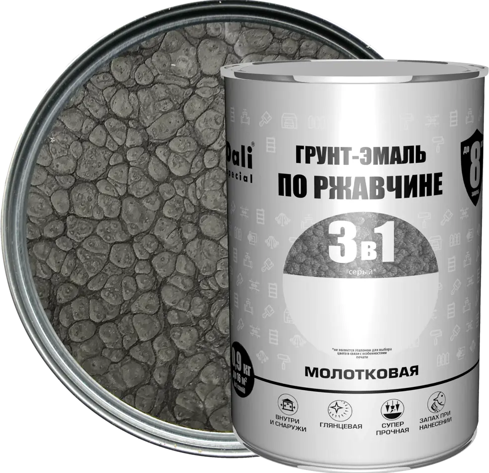 Грунт-эмаль Dali 3 в 1 молотковая серый 0,9 кг 83372537