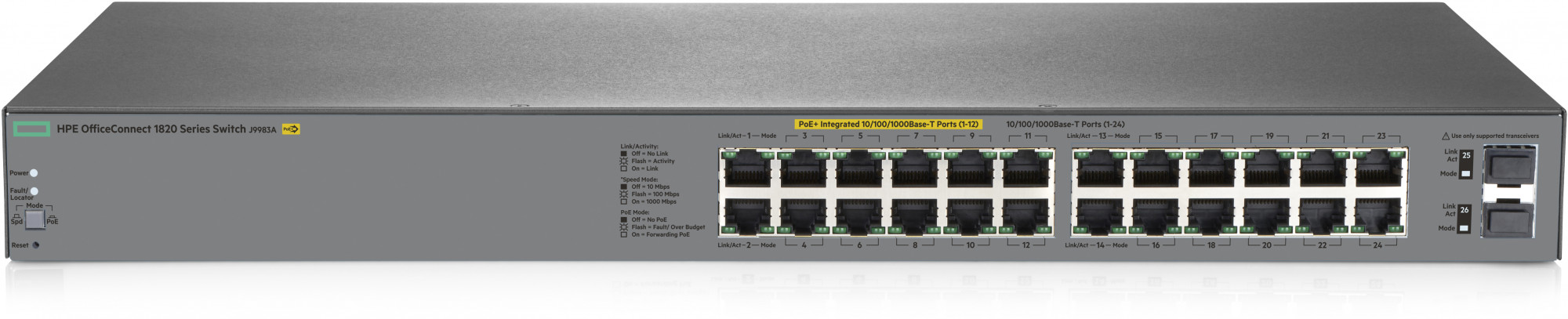 J9983A#ABB Hpe 1820 24g poe+ (185w) switch (web-managed, 12*10/100/1000 poe+, 12*10/100/1000, 2*sfp, 185w rack-mounting, 19") HP Enterprise Santreyd 