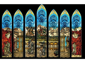 Художественный витраж, окрашенный в гризайль