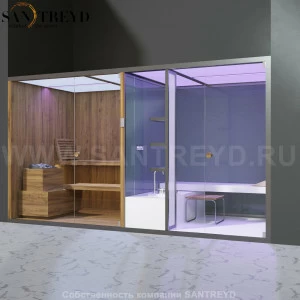 Effegibi BODYLOVE SH BL40230001 Фронтальная комбинированная баня: хаммам и сауна. Установка: в нишу. Мощность: 15 кВт макс. Размеры: длина 393 см, ширина 176 см. Отделка: термообработанная древесина и гладкое стекло.