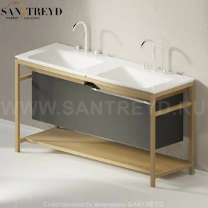 Двойная раковина столешница с деревянной консолью натуральный дуб OTTOCENTO XL с 3 отверстиямибелая