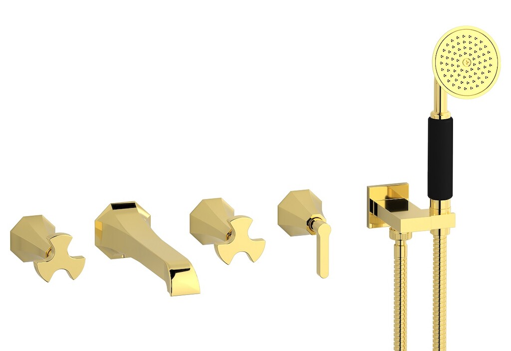 Настенный смеситель для ванной на 5 отверстий с дивертером и душевым гарнитуром. WE ARE IB bt398oo Gold Belmondo 