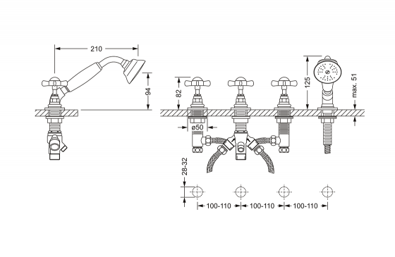 Смеситель для ванны на 4 отверстия ½“, монтаж на борт ванны JOERGER Serie 1909 629.40.150.000 - Вид №1