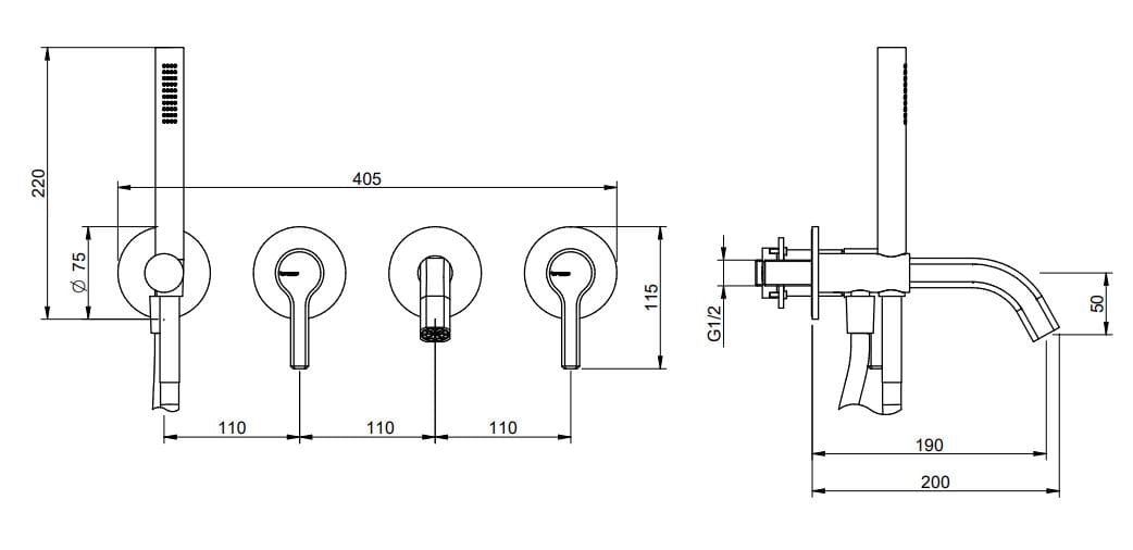 Набор для ванны с 4 отверстиями из латуни с ручным душем Rubinetterie Treemme Aurelia ARCH-00125701 - Вид №1