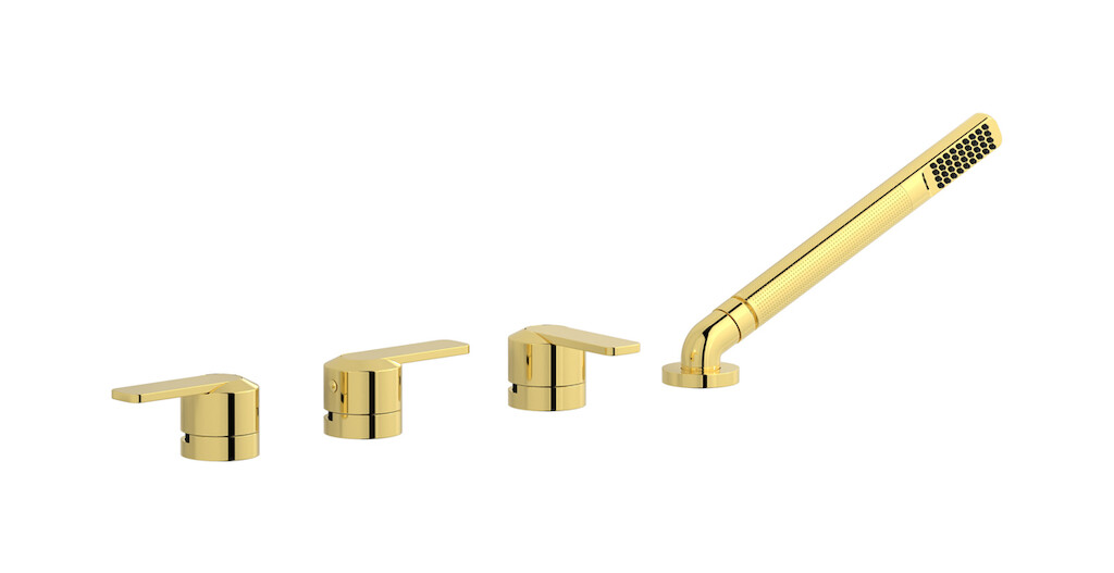 Смеситель на бортик ванной на 4 отверстия с изливом, дивертером и душевым гарнитуром. WE ARE IB c6397oo Gold C-67
