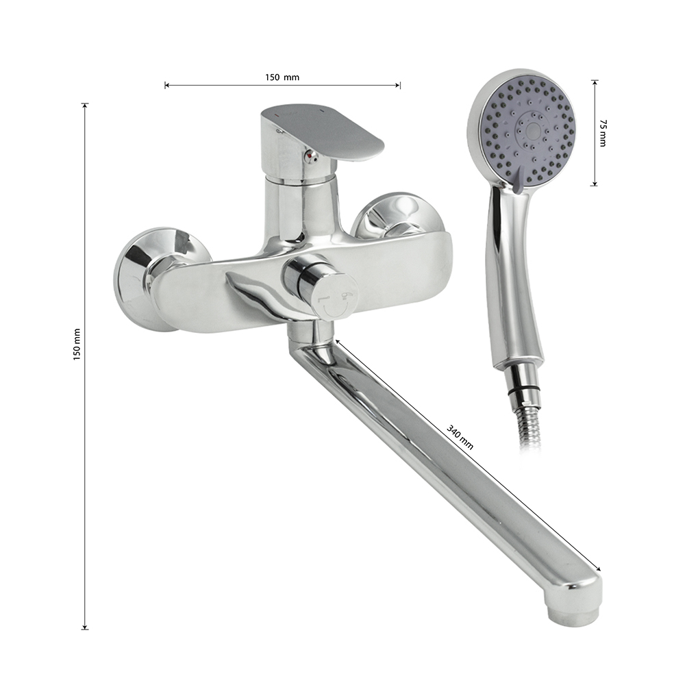 GFmark - Смеситель в ванную, длинный излив, шаровый, с дивертором на корпусе, хромированный, код: 5370  - Вид №2