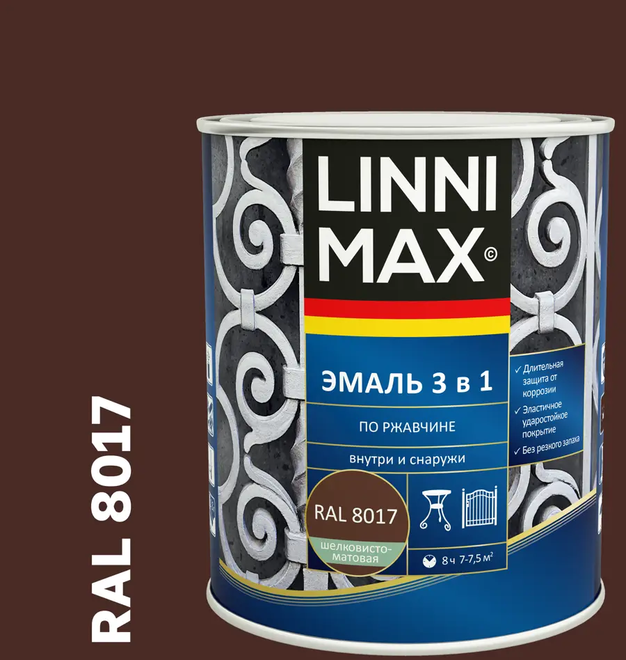 Грунт-эмаль Linnimax 3 в 1 для защиты от ржавчины, 0.75 л 89349594