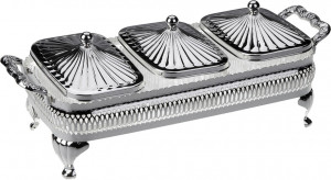 10613117 Queen Anne Менажница 3 секции с 3 крышками Queen Anne 32х13см, сталь, стекло, посеребрение Сталь нержавеющая с посеребрением, стекло