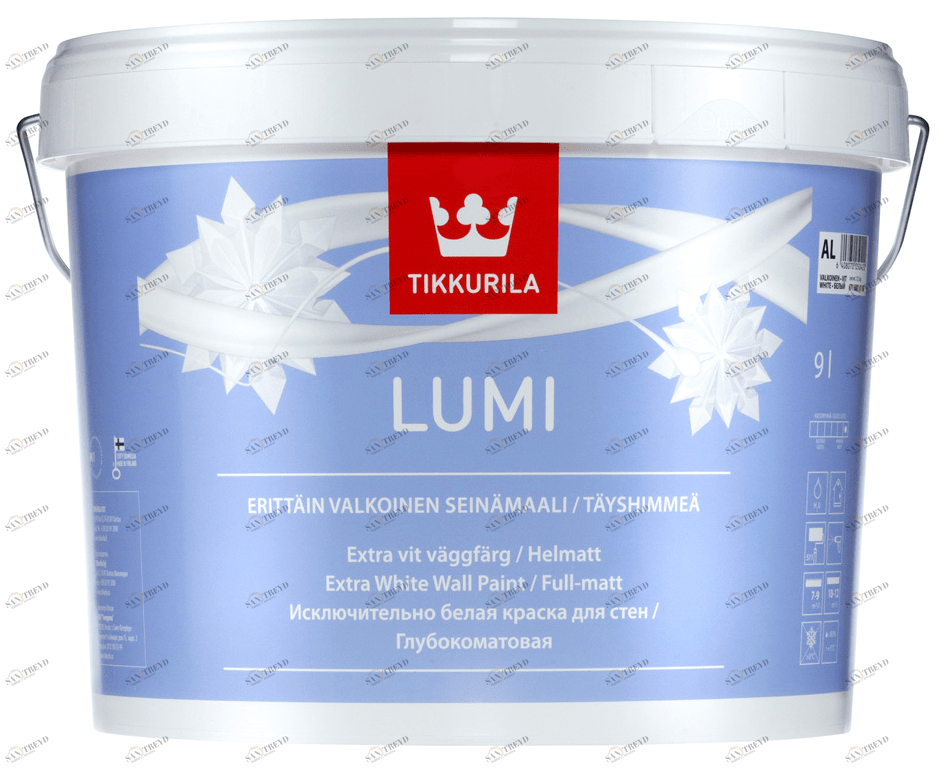 Краска Tikkurila Lumi / Тиккурила Луми для стен снежнобелая 9л Santreyd 5611