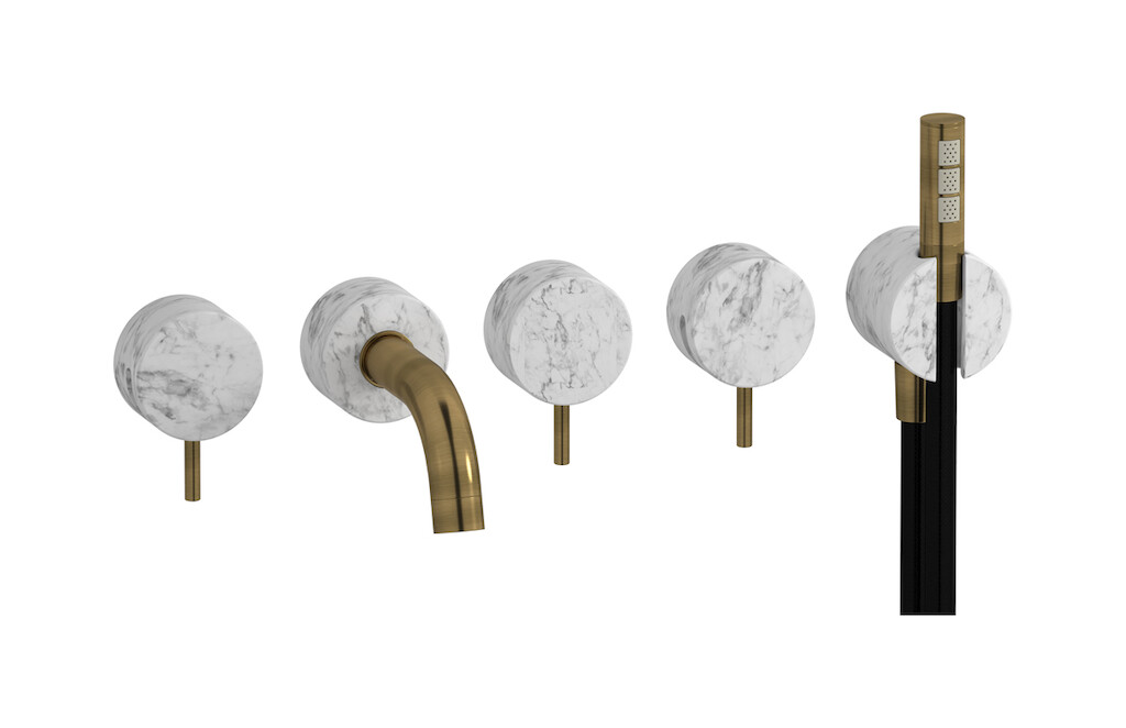 Настенный смеситель для ванной на 5 отверстий с дивертером и душевым гарнитуром. WE ARE IB mr398mb_1 Modern Bronze Marmo