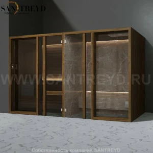 Effegibi YOKU.G SH YO.30320003 Комбинированная баня: хаммам и сауна. Установка: в левый угол. Мощность: 10,5 кВт макс. Размеры: длина 342 см, ширина 170 см. Отделка: чёрный орех и темный керамогранит