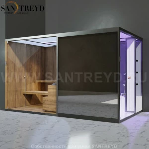 Effegibi BODYLOVE SH BL45230006 Боковая комбинированная баня: хаммам и сауна. Установка: в левый угол. Мощность: 15 кВт макс. Размеры: длина 393 см, ширина 176 см. Отделка: термообработанная древесина, гладкое стекло и зеркало.