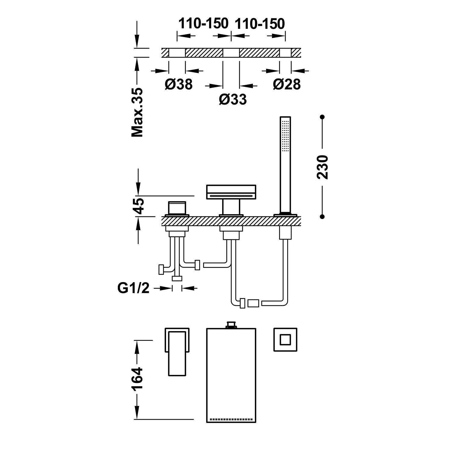 Смеситель для ванны CUADRO с одной ручкой -10616102 TRES  - Вид №1