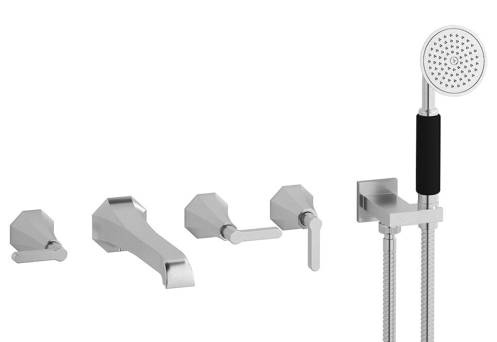 Настенный смеситель для ванной на 5 отверстий с дивертером и душевым гарнитуром. WE ARE IB bl398ss Brushed Nickel Belmondo 