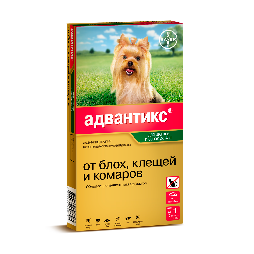 Т00000474 Капли для собак BAYER АДВАНТИКС от блох, клещей и комаров 40 (до 4кг веса) 1 пипетка в упак. Elanco 