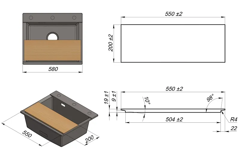 ES-5804, ЧЁРНЫЙ, кухонная мойка, кварц, ESTETICA GRANULA 5804-ST201 - Вид №4