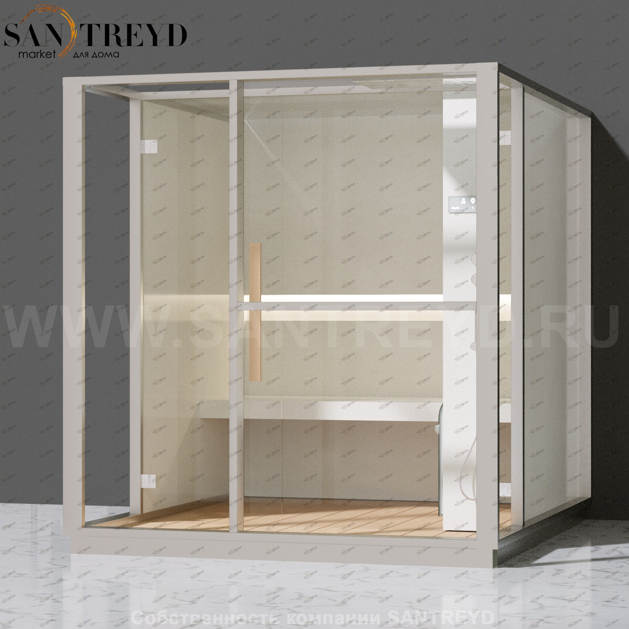 Effegibi LOGICA H LO30020001 Хаммам. Установка: к стене. Правая дверь. Мощность: 4,5 кВт макс. Размеры: длина 214 см, ширина 250 см. Отделка: матовый лакированный белый аллюминий и серый ламинат из керамогранита.