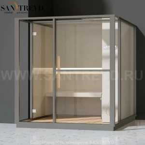 Effegibi LOGICA H LO30010013 Хаммам. Установка: в левый  полуугол. Правая дверь. Мощность: 4,5 кВт макс. Размеры: длина 214 см, ширина 250 см. Отделка: матовый лакированный серый аллюминий и бежевый ламинат из керамогранита.