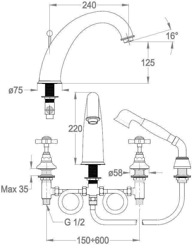 Fir Italia Комплект для ванны с ручным душем на 4 отверстия Canterbury 30 3047312 - Вид №1