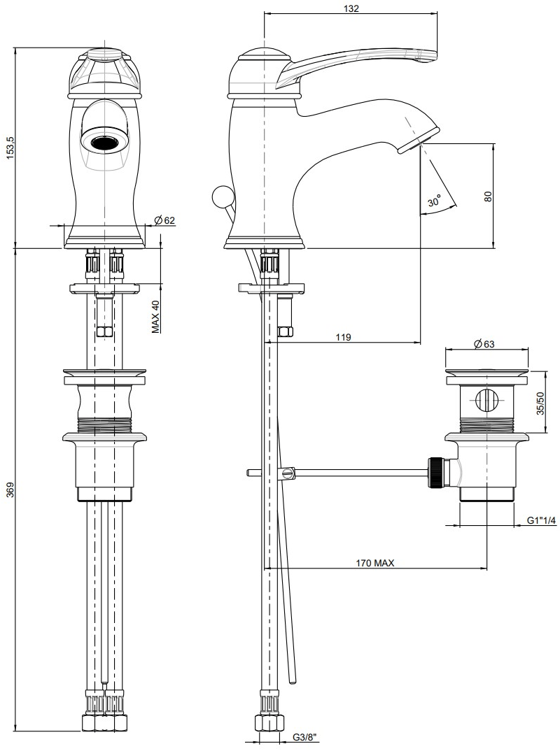 Rubinetterie Frattini Смеситель для раковины, однорычажный, со сливом Morgan sun-id-1352934 - Вид №1