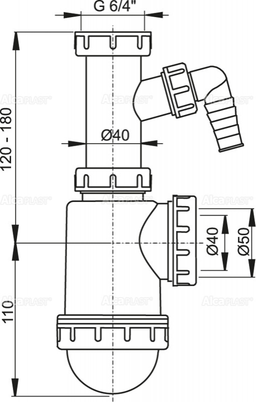 Сифон для мойки с накидной гайкой 6/4" и штуцером ALCAPLAST A443PDN5040 - Вид №1