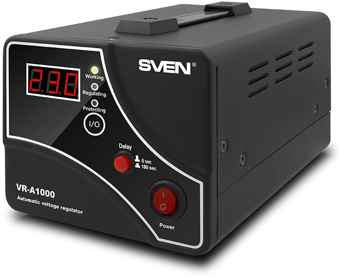 SV-014407 Stabilizer vr-a1000, relay, 1000va, 600w, 140-275v, 1 euro outlet, black, 230 ? 130 ? 140mm, 2.9kg. Sven Santreyd 