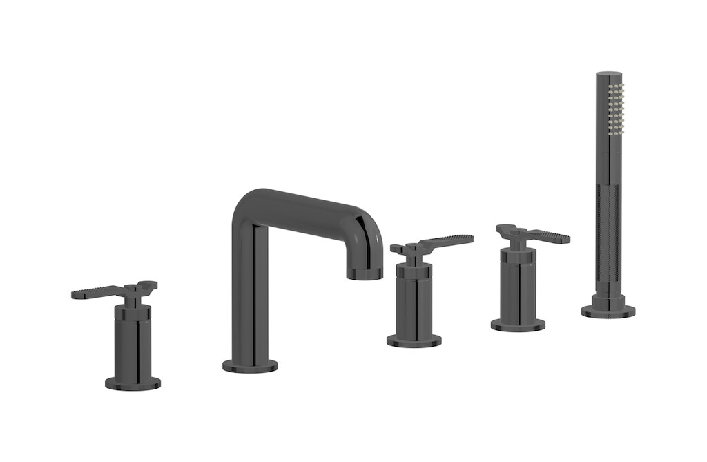 Смеситель на бортик ванной на 5 отверстий с дивертером и душевым гарнитуром. WE ARE IB b2396cf Black Chrome Bold