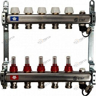 Коллектор из нерж. стали на 5 вых. с расходомерами, сливом и клапаном STOUT SMS0927000005
