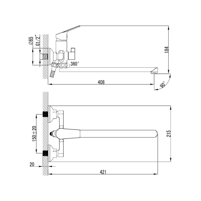 NELSBLCM10 Смеситель для ванны с длинным изливом с керамическим дивертором Milardo Nelson - Вид №8