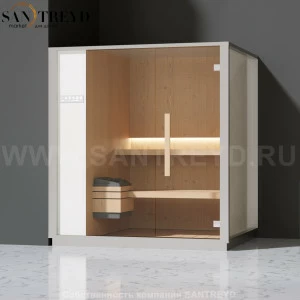 Effegibi ONE S LO50020006 Сауна. Установка: в левый угол. Левая дверь. Мощность: 6 кВт макс. Размеры: длина 214 см, ширина 171 см. Отделка: канадский хемлок, матовый лакированный серый аллюминий и бежевый ламинат из керамогранита.
