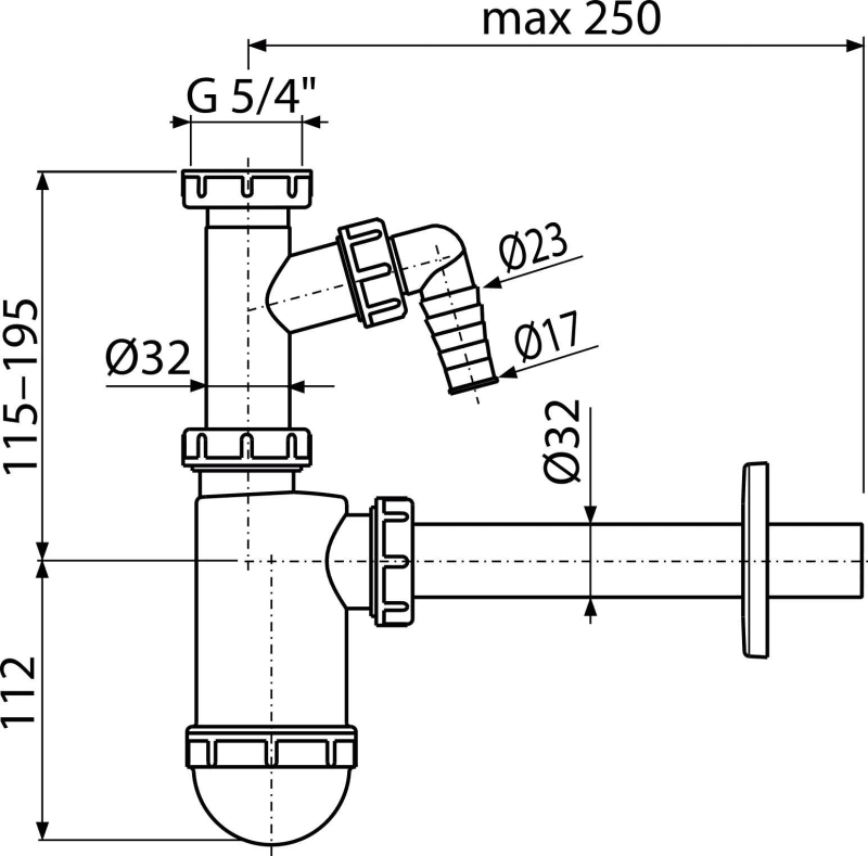 Сифон для умывальника DN32 со штуцером и накидной гайкой 5/4" ALCAPLAST A430P - Вид №1