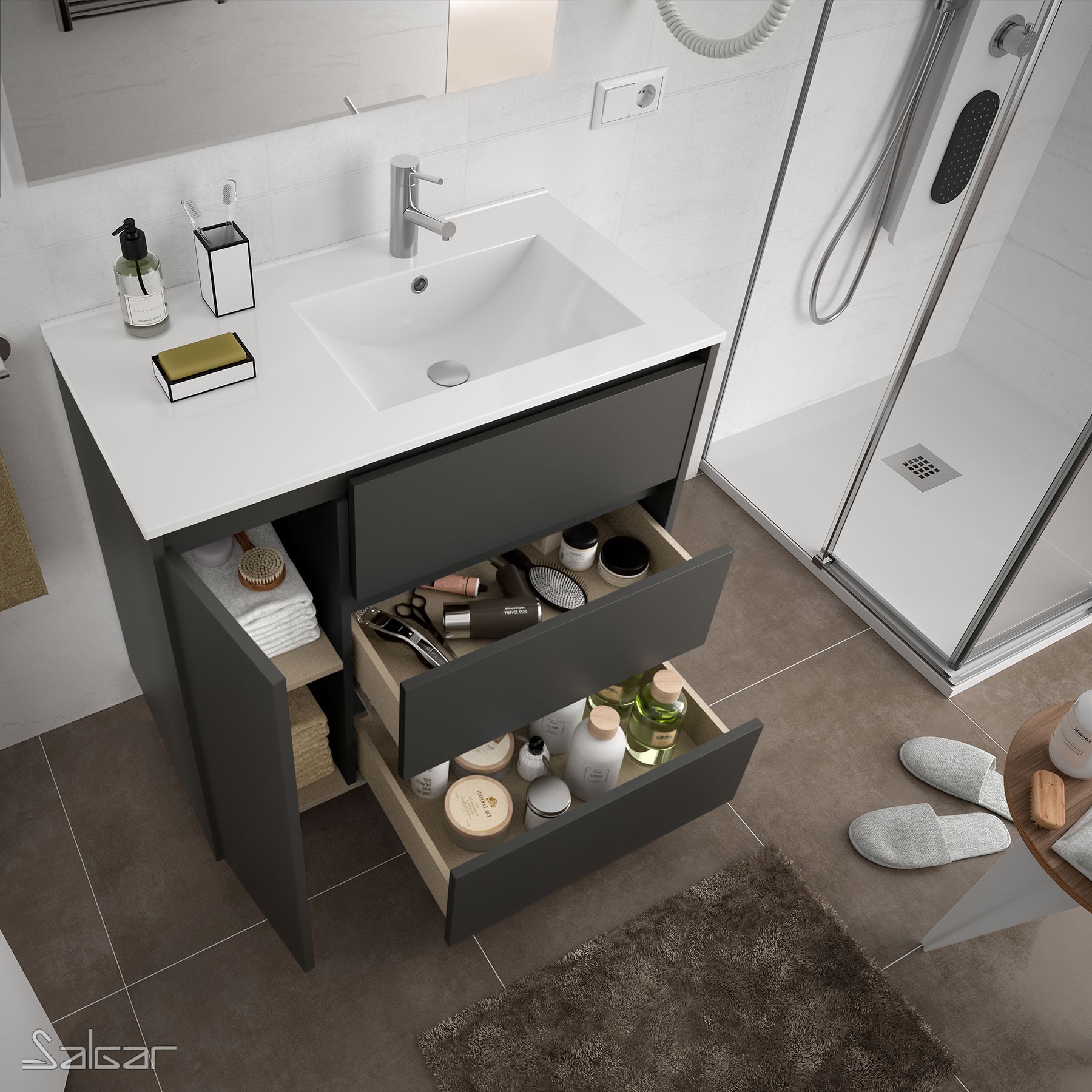 85129 SALGAR Мебель для умывальника ARENYS 855 1 дверь левая MATT GREY + Раковина Мэтт Грей - Вид №1