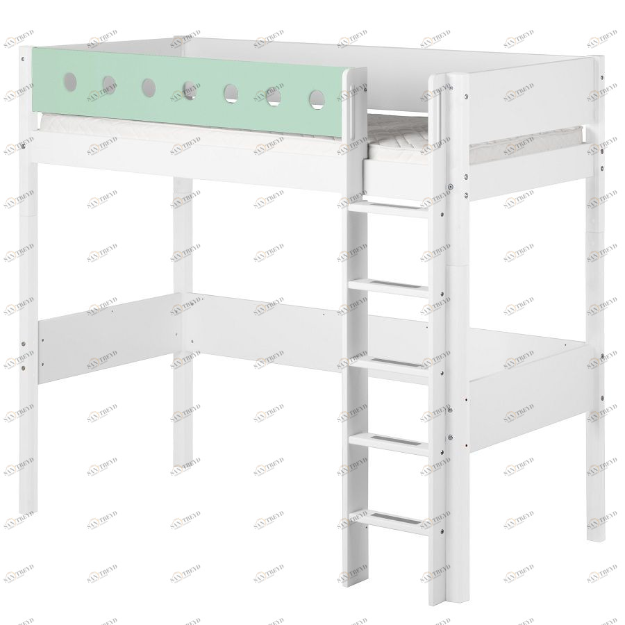 Кровать Flexa White высокая с прямой лестницей, 200 см, белая с мятным 801750219