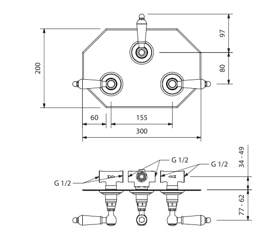 Встраиваемый смеситель для душа с 3 отверстиями и переключателем Park Avenue Caruso ARCH-00088248 - Вид №3