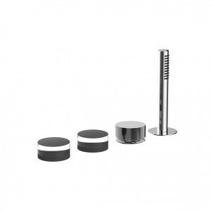 S067S  Набортный смеситель для ванныбез излива без ручек на 4 отверстия переключатель на 2 потока с поворотной кнопкой ручная лейка FIT гибкий шланг 150 см картридж керамический 90° впуски 1/2'' подводка ручки заказываются отдельно, см. раздел ''Ручки'' F