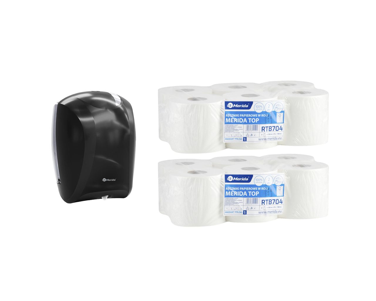 PROMO117 Контейнер для полотенец CENTER PULL черный за 50 злотых нетто при покупке 2 упаковок полотенец в рулоне TOP MINI RTB704 (12 x 130 м = 1560 м) Merida 