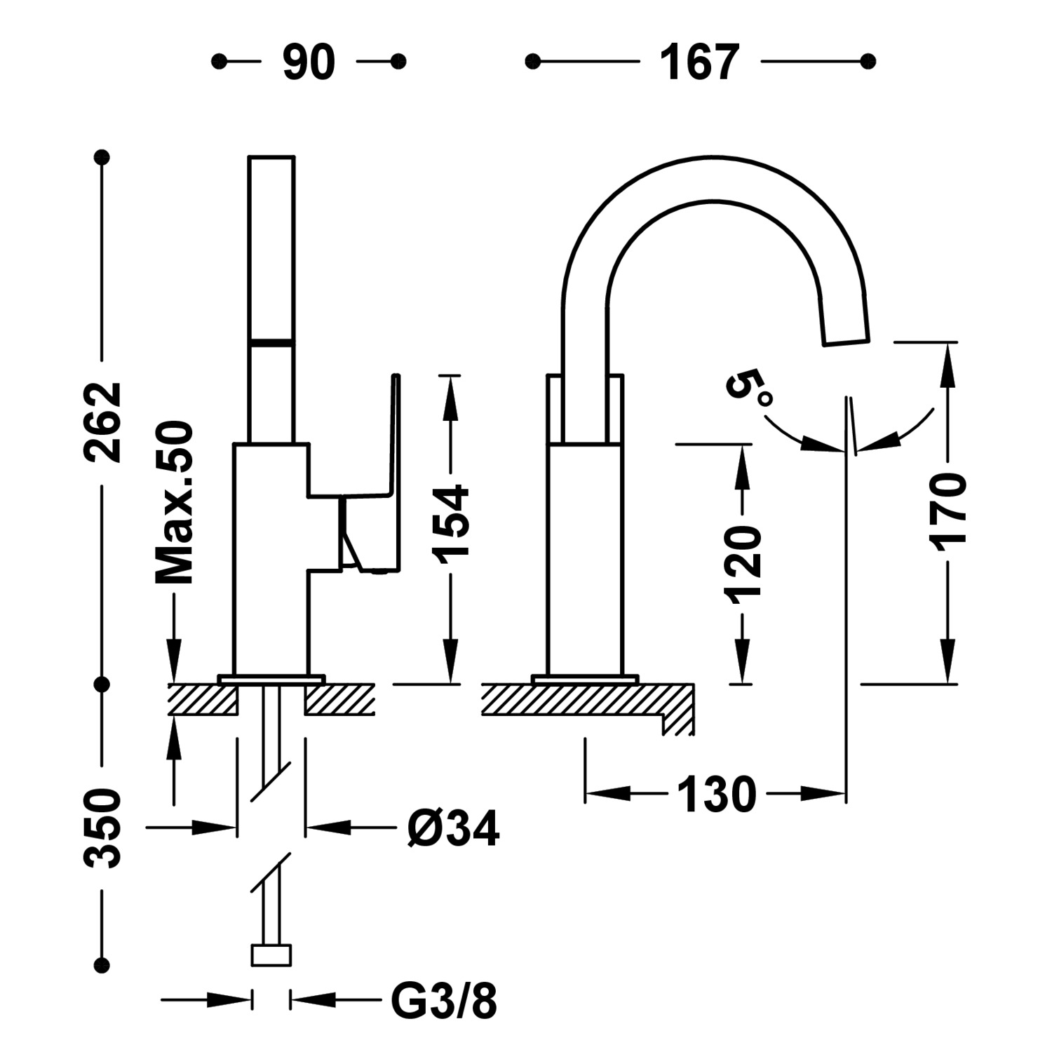 Смеситель для умывальника CUADRO с одной ручкой и боковым рычагом-00660502OM TRES  - Вид №1