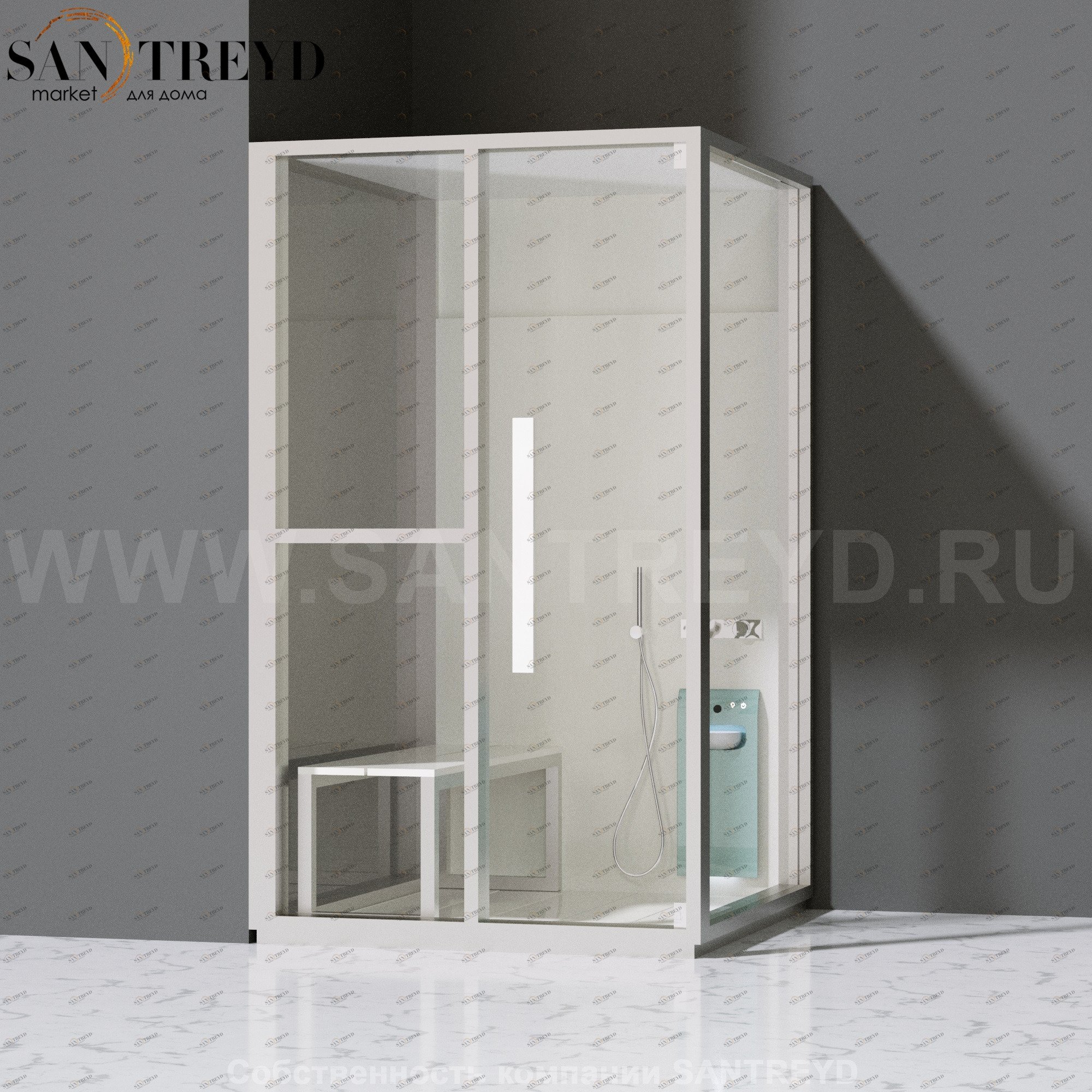 Effegibi H SMALL LO82020004 Комбинированная баня: хаммам и душ. Установка: в левый угол. Левая дверь. Мощность: 3 кВт макс. Размеры: длина 131 см, ширина 92 см. Отделка: матовый лакированный белый аллюминий и серый ламинат из керамогранита.