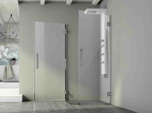 Стальная и стеклянная угловая душевая кабина с распашной дверью