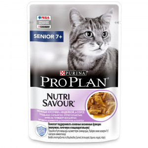 ПР0043980 Корм для кошек NutriSavour старше 7 лет, нежные кусочки с индейкой, в соусе, пауч 85 г Pro Plan