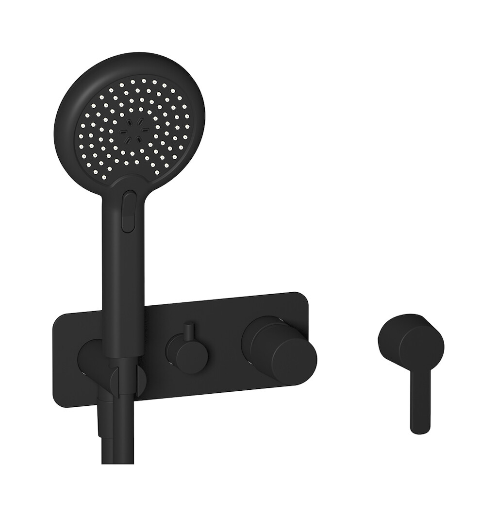 Внешние части встроенного в стену смесителя на 2 потребителя в комплекте с душевым гарнитуром. WE ARE IB aa320cc_22 Matt Black TAAAC