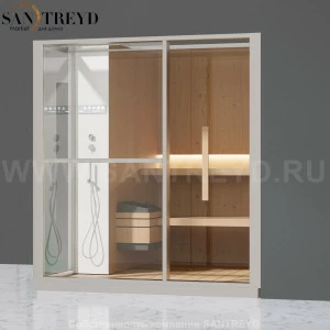 Effegibi LOGICA S LO20020008 Сауна. Установка: в правый угол. Левая дверь. Мощность: 6 кВт макс. Размеры: длина 214 см, ширина 250 см. Отделка: канадский хемлок, матовый лакированный белый аллюминий и серый ламинат из керамогранита.